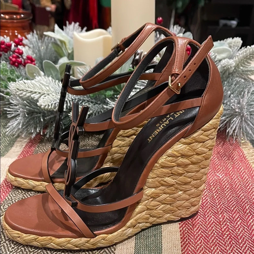 Saint Laurent Tan Leather Wedge Sandals - Picture 4 of 6